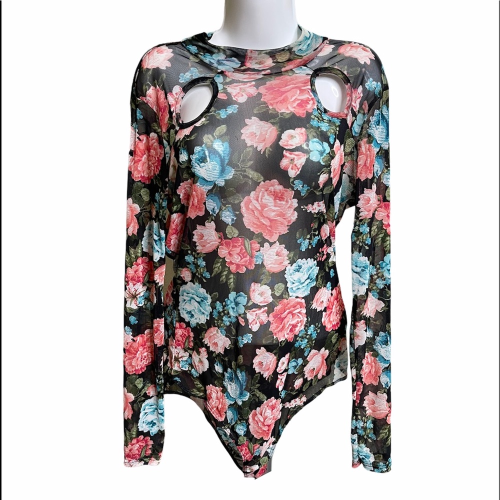 La Vie 89  Woman Floral Top blouse mesh bodysuit Long sleeve Size L